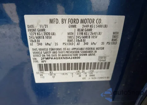 2022 Ford Edge Se из США, поврежденный, VIN 2FMPK4G9XNBA24800